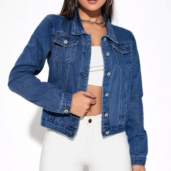 Denim jacket trucker jean jacket minimalist classic blue dark wash - Picture 1 of 6